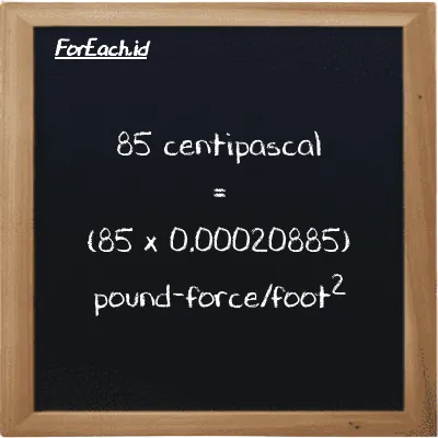 How to convert centipascal to pound-force/foot<sup>2</sup>: 85 centipascal (cPa) is equivalent to 85 times 0.00020885 pound-force/foot<sup>2</sup> (lbf/ft<sup>2</sup>)
